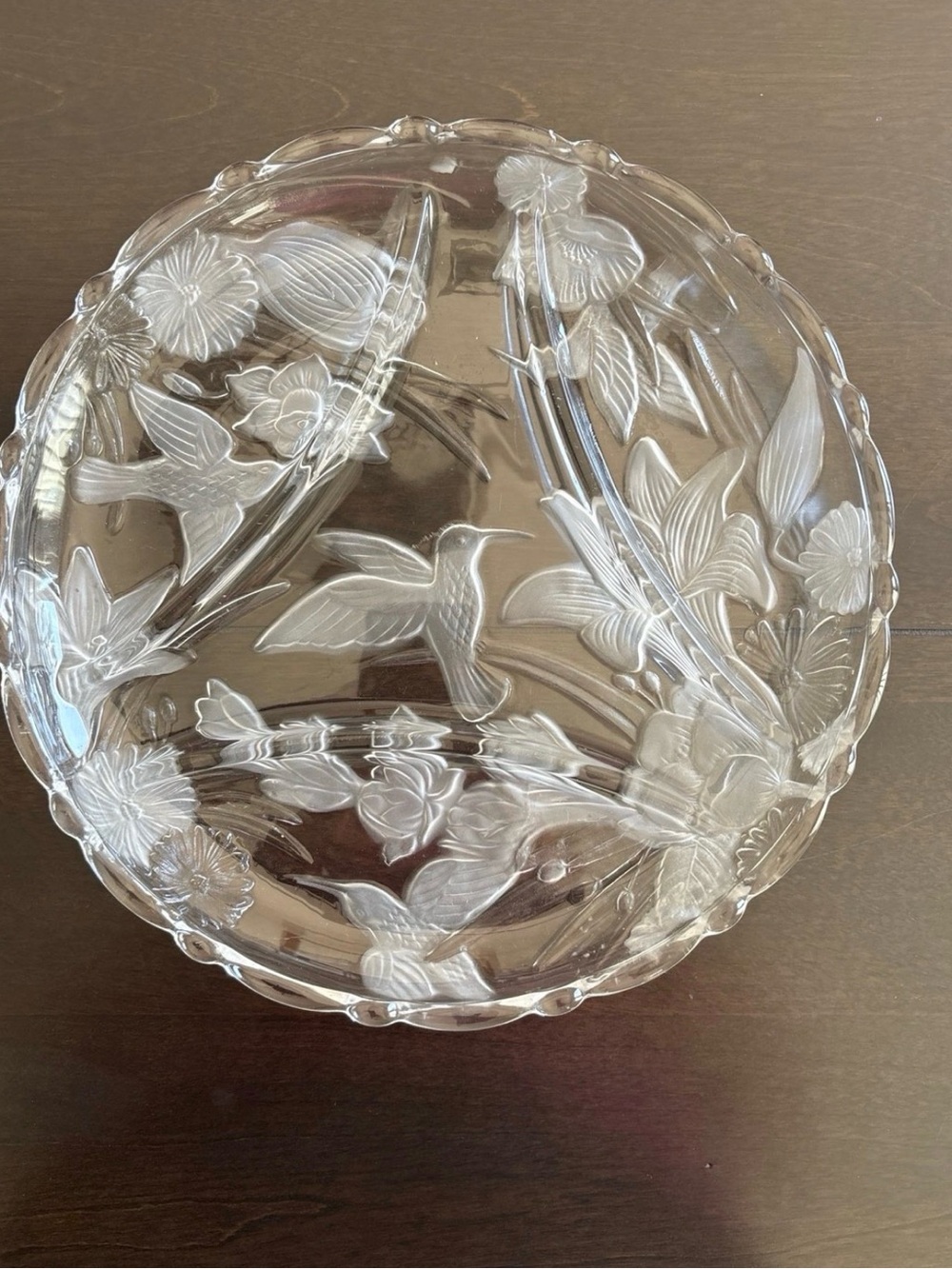 Glass Serving Divided Platter Hummingbird & Floral Etching Clear